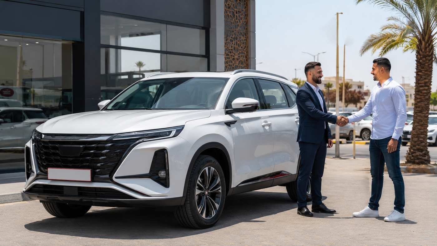 Brand new Changan CS75 Plus SUV prepared for customer delivery at a Moroccan car dealer after import from China via Nansha Port