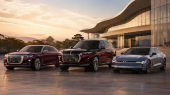 Lineup of Chinese luxury vehicles including Hongqi sedan, ZEEKR SUV, and Xiaomi sedan representing the Chinese premium car market for export dealers