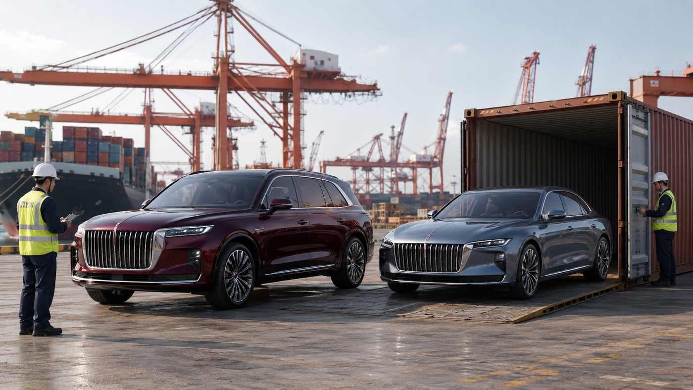 Premium Chinese luxury sedans and SUVs being loaded into shipping containers at Nansha Port Guangzhou for export to Gulf dealers
