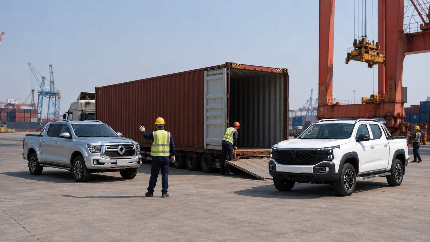 Multiple Chinese double-cab pickup trucks being prepared for container loading at Nansha Port for export to African dealers
