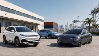 BYD Atto3 and Seal electric vehicles at Jebel Ali Free Zone Dubai ready for re-export to Africa and Central Asia