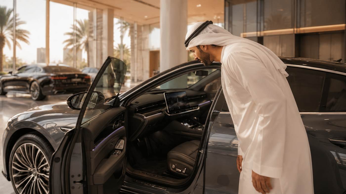 Middle Eastern luxury buyer inspecting the premium interior of a Chinese electric luxury sedan at a dealership