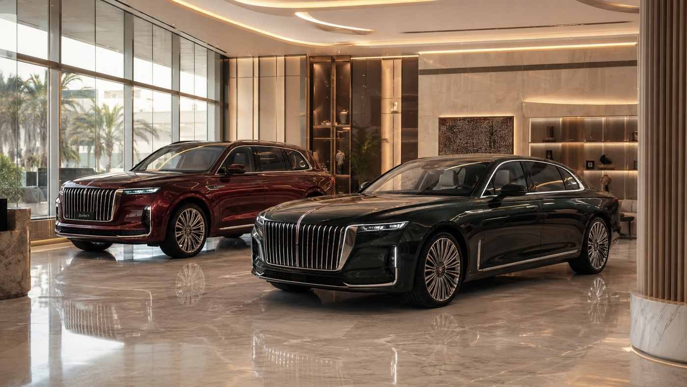 Modern Gulf region luxury car showroom displaying Chinese premium vehicles for Middle East buyers considering alternatives to European brands