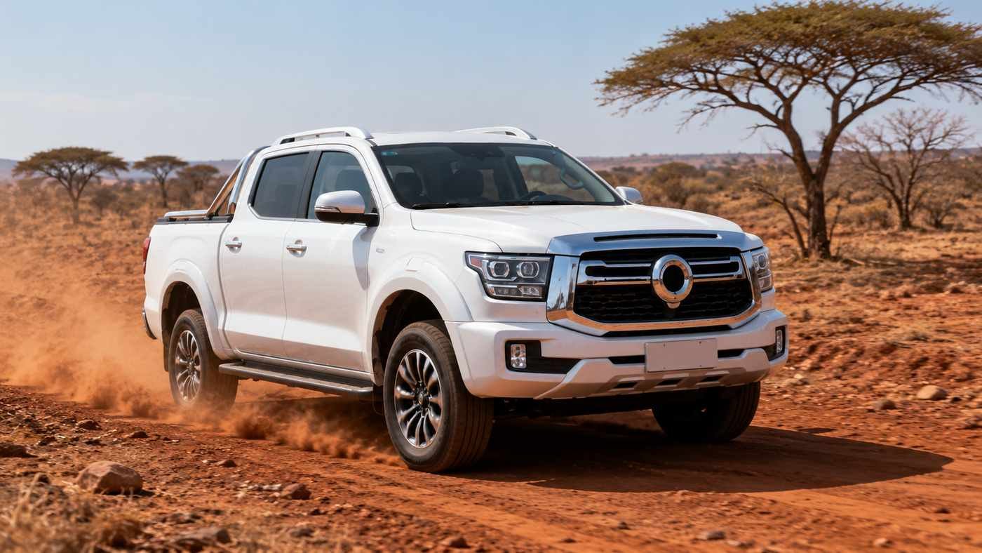GWM Cannon double-cab pickup truck driving on an African off-road dirt track demonstrating capability for dealer import buyers