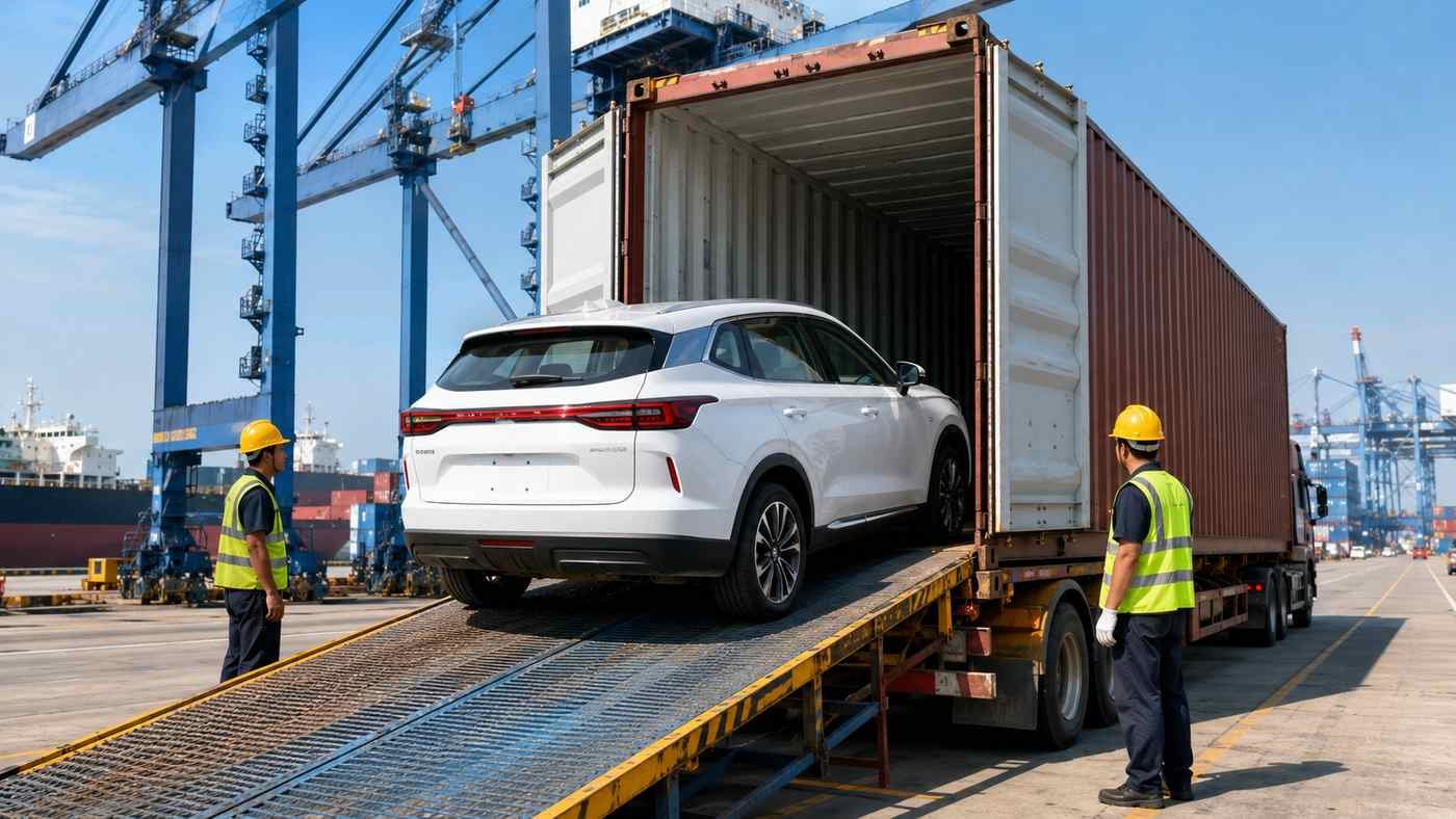 Haval H6 SUV being loaded into a 40ft shipping container at Nansha Port Guangzhou for export to African and Middle East dealers