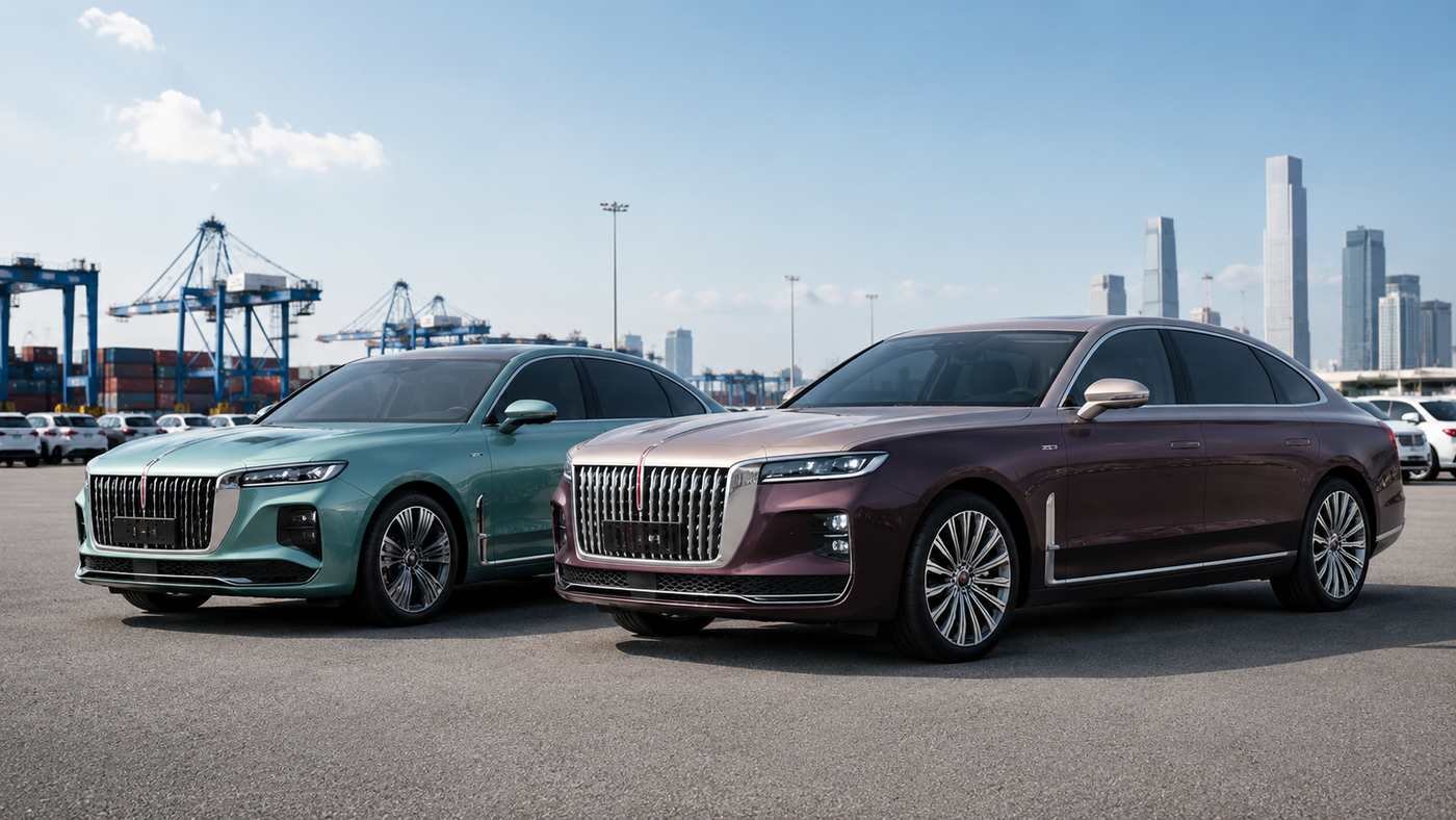 Hongqi H5 and H9 luxury sedans lined up at a Guangzhou automotive export yard ready for overseas shipment