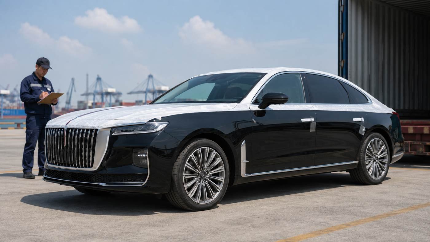 Hongqi H9 luxury sedan with protective film being prepared for container loading at Nansha Port Guangzhou for overseas export