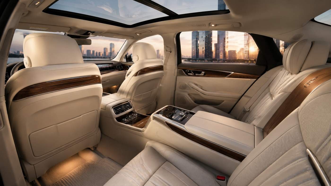 Hongqi H9 luxury sedan interior showing premium rear passenger cabin with leather seats and wood trim for export dealer buyers