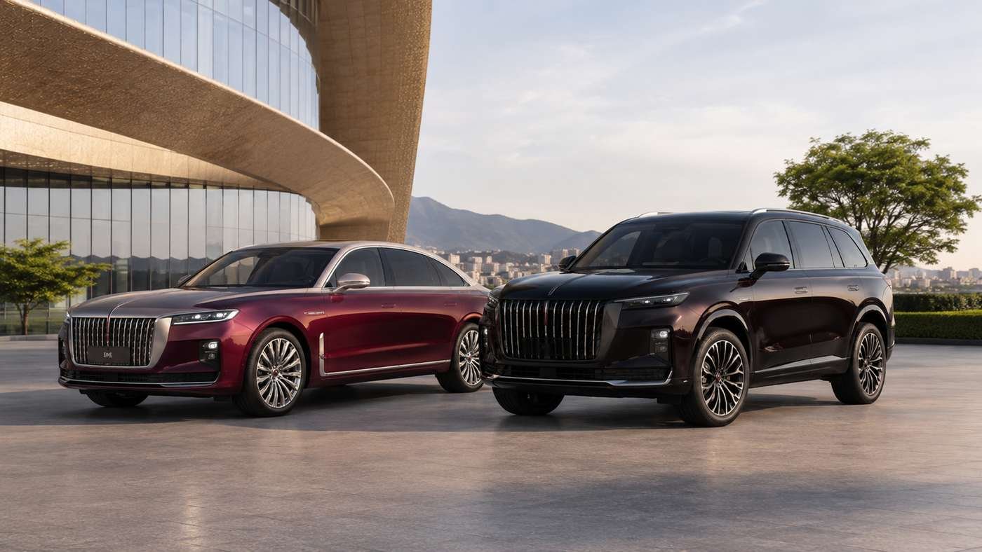 Hongqi H9 sedan and ZEEKR SUV parked side by side showing the design diversity of Chinese luxury car brands for overseas buyers