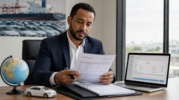 International bank transfer documents and laptop showing payment confirmation for a Chinese car export order