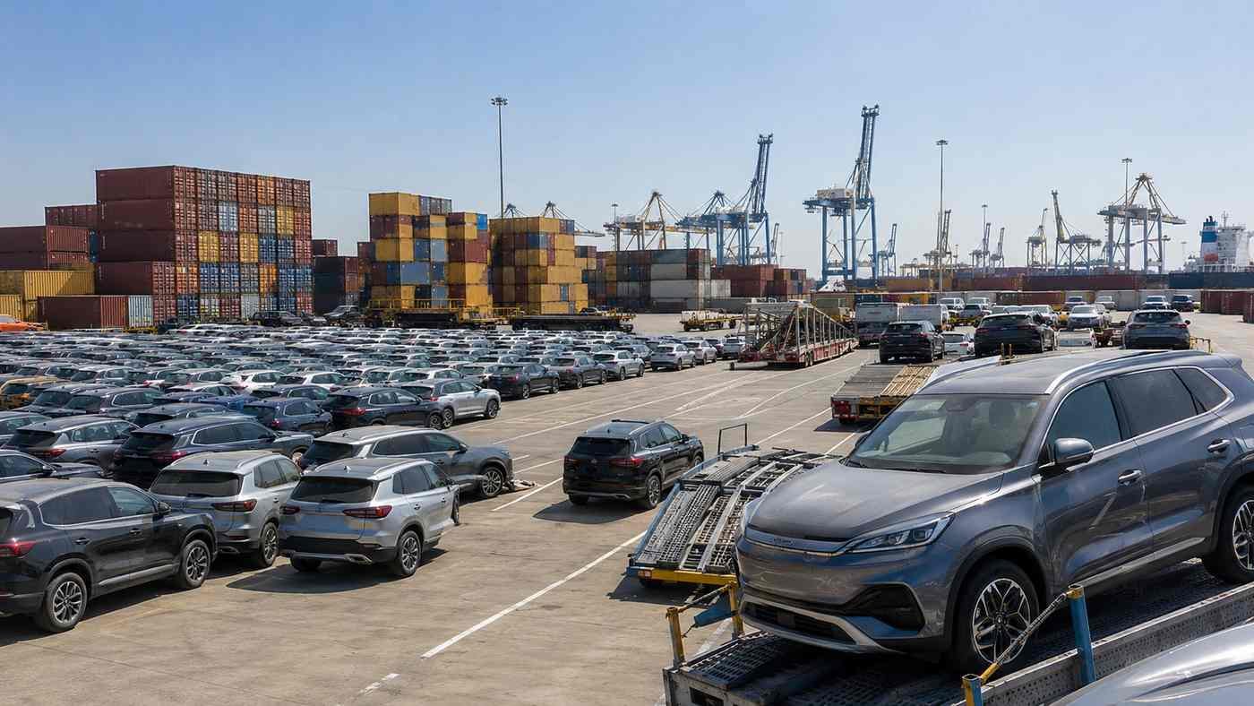Container yard at Jebel Ali Free Zone Dubai where vehicles are prepared for re-export to African and Central Asian markets