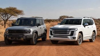 Jetour T2 and Toyota Land Cruiser 300 side by side on a South African dirt road for dealer comparison