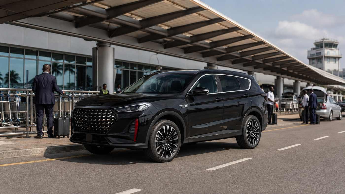 Jetour X70 SUV in black used for airport transfer and premium ride hailing service in an African city