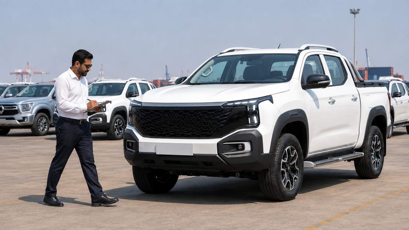 Middle Eastern car dealer inspecting GWM Cannon and Changan Hunter pickup trucks at a Guangzhou export yard before placing an order