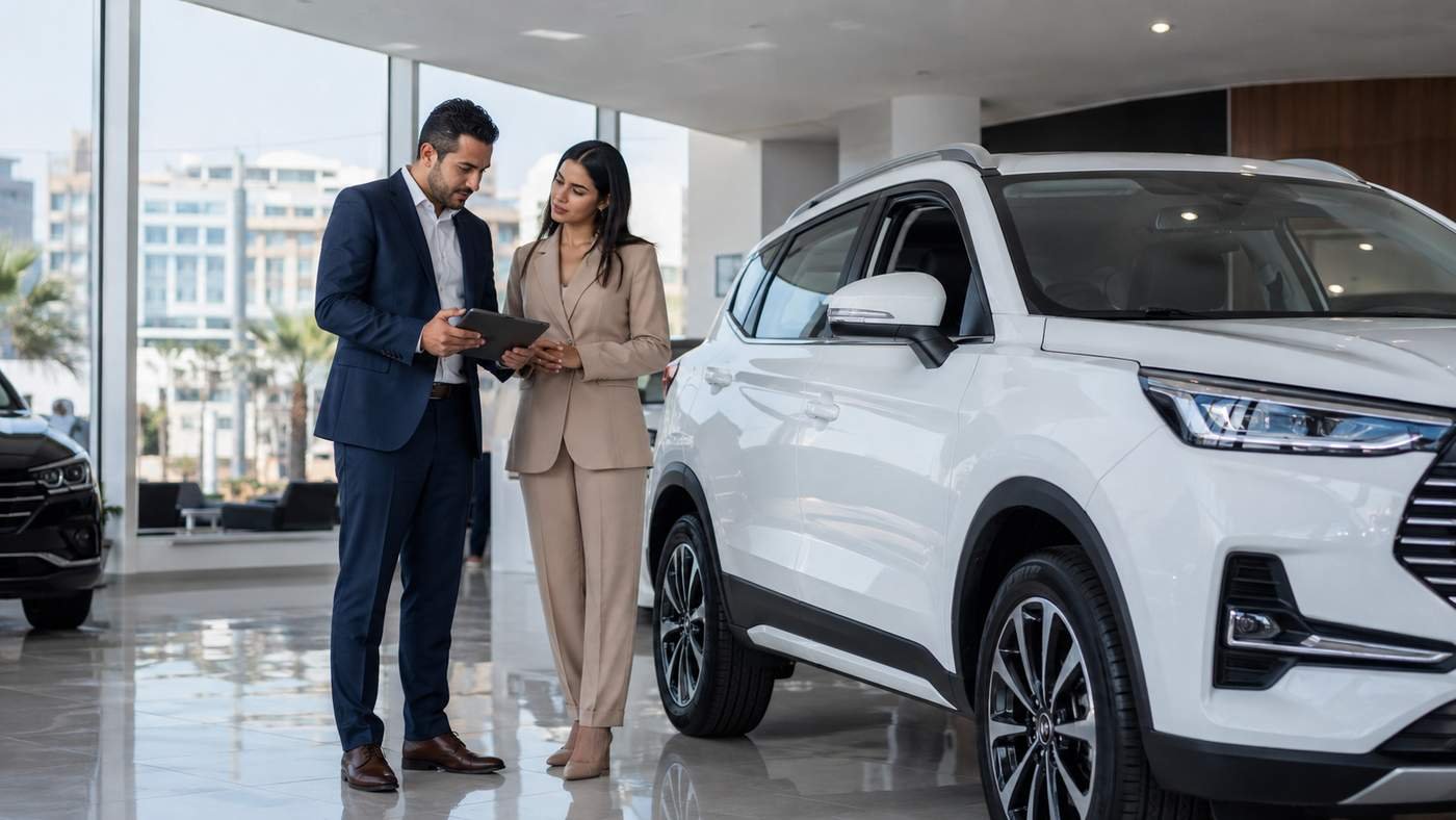 Moroccan professional couple reviewing Chinese vehicle specifications and pricing at a modern Casablanca car dealership