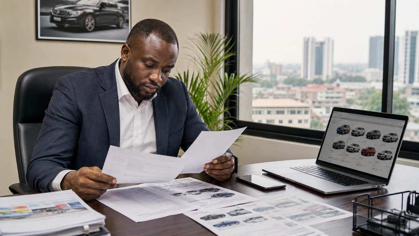 Nigerian male car dealer at Lagos office reviewing Chinese vehicle stock list and FOB pricing documents from China exporter