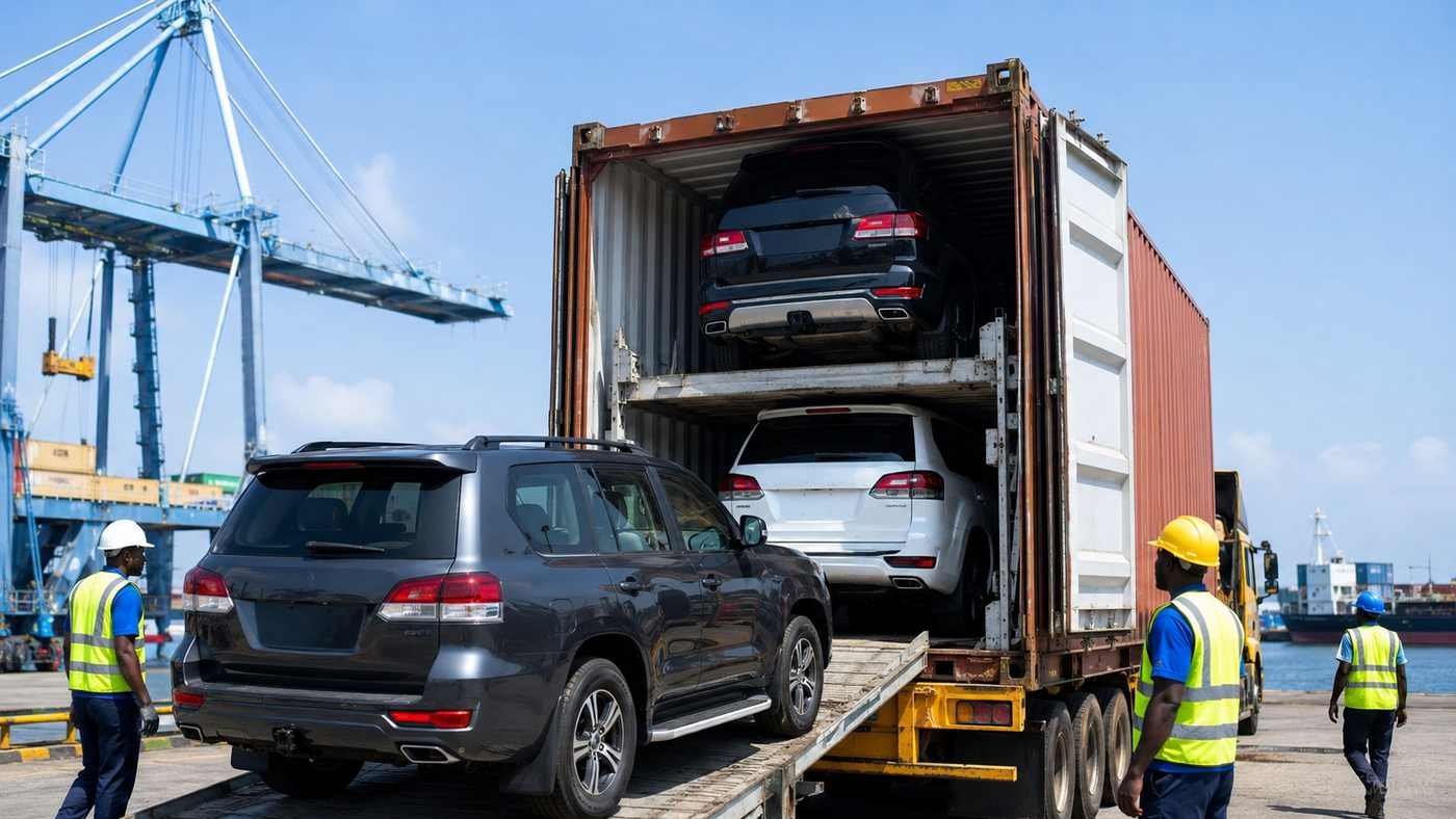 Container of vehicles successfully delivered at an African port after a secure payment process with a verified Chinese supplier