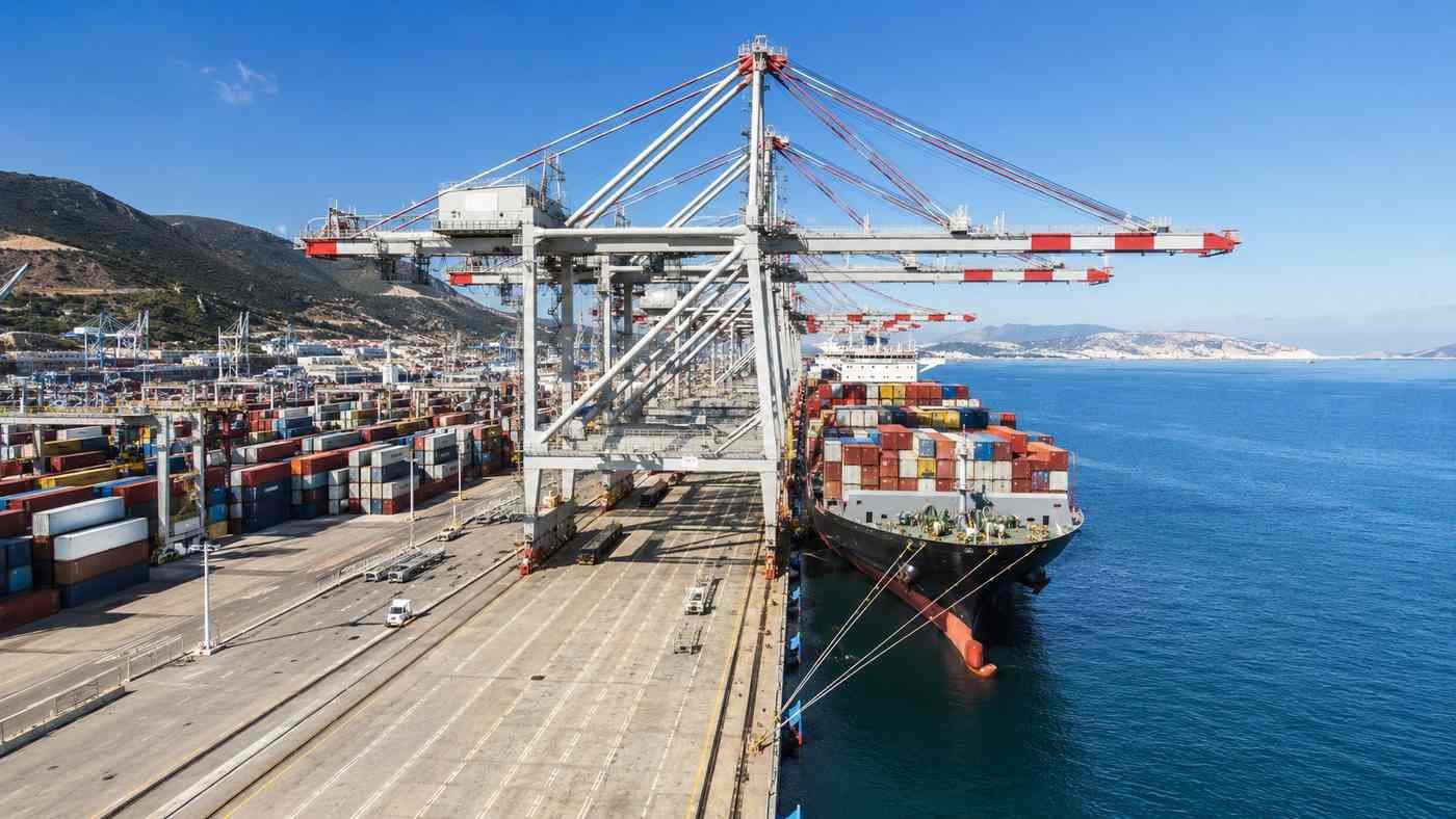 Tanger Med port container terminal in Morocco where vehicles imported from China arrive for customs clearance