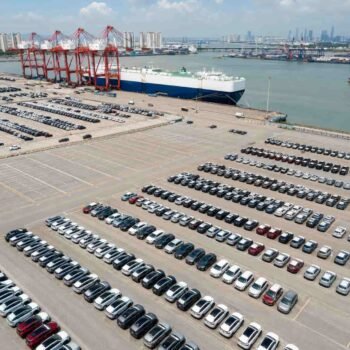 Nansha Port Guangzhou vehicle export yard showing reduced vehicle inventory in August 2026 as Chinese EV demand rises globally