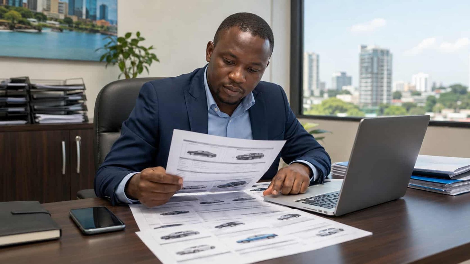 Tanzanian car dealer reviewing Chinese vehicle stock list and pricing at Dar es Salaam office