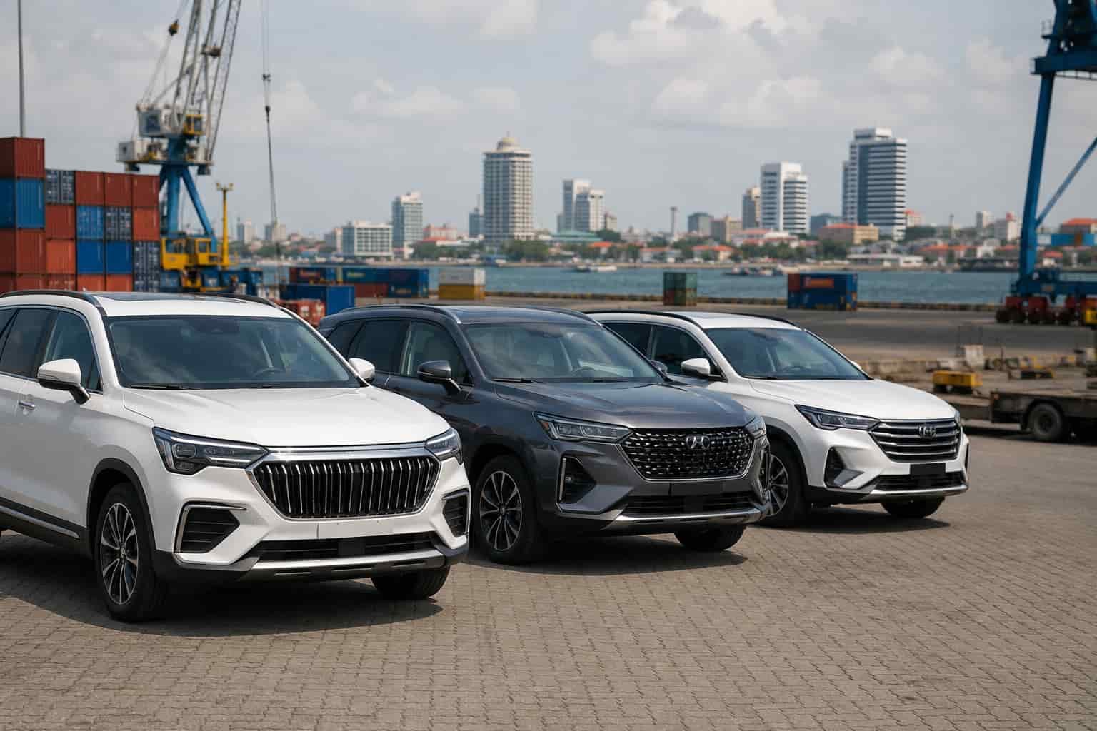 Chinese SUVs cleared through Tanzanian customs at Dar es Salaam port ready for dealer collection
