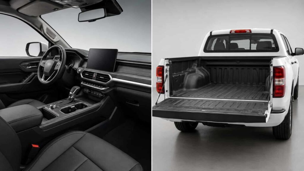 GWM POER interior showing dashboard and modern touchscreen, plus a view of the large commercial load bed