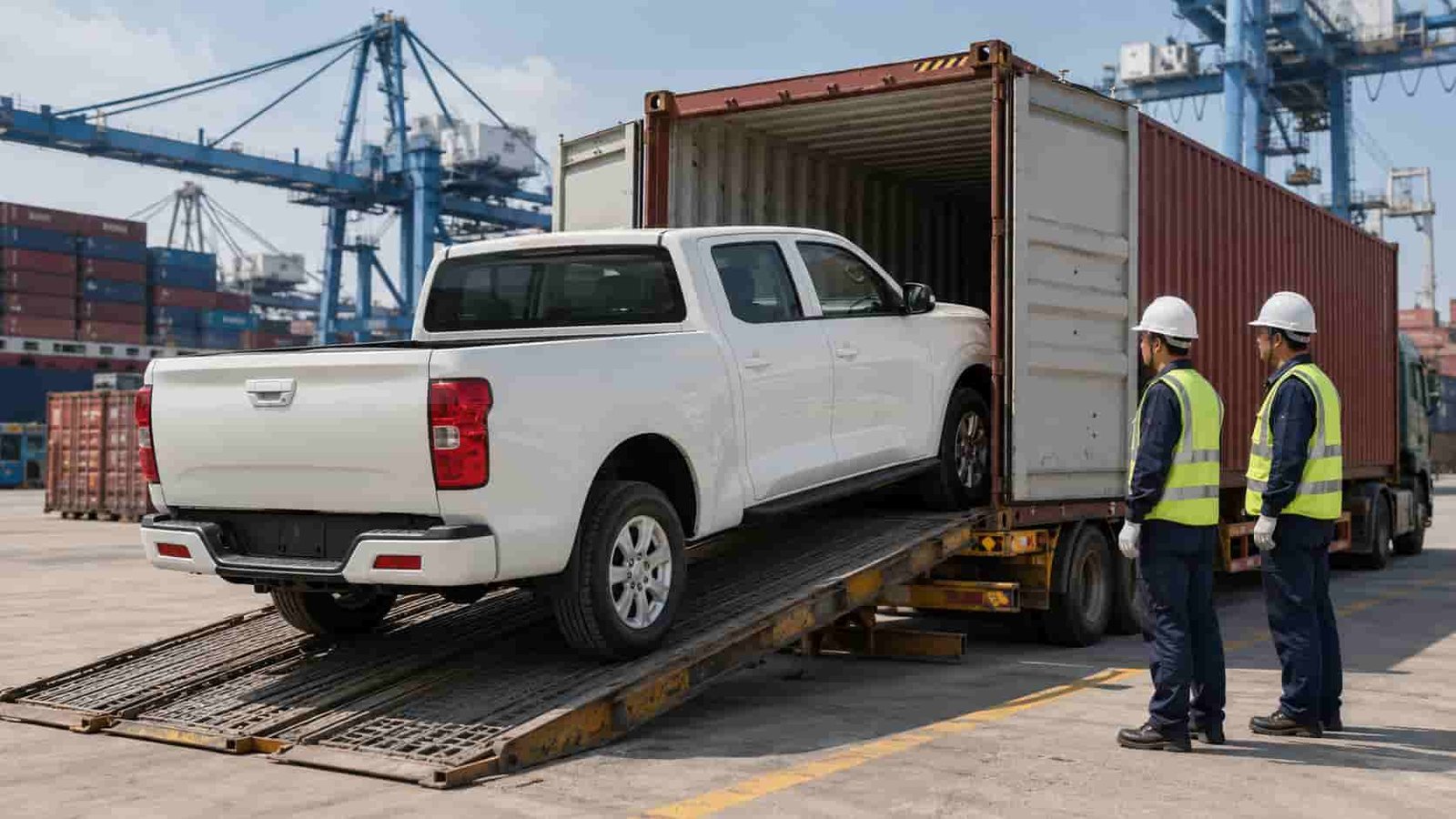 GWM POER pickup truck being loaded into a container at Nansha Port Guangzhou for export to African and Middle East dealers